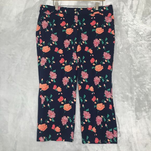 Chicos Crop Pant Womens 14 Blue Floral Flat Front Stretch High Waist Straight - Picture 1 of 8